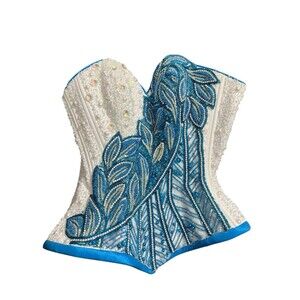 Embellished Sequin Beaded Blue Silver White Corset Bustier Top Quince Party